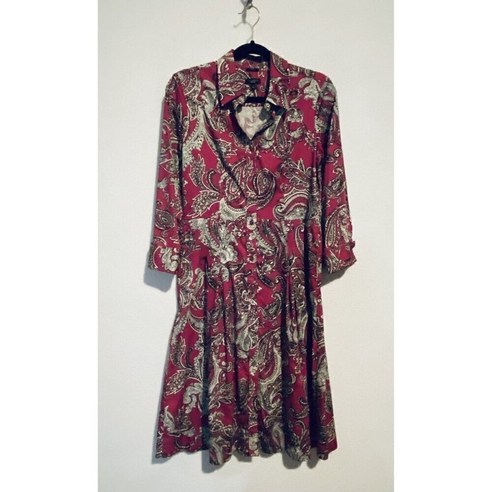 Talbots Shirt Dress Womens 4 Paisley Long Sleeve Cotton Pleated Skirt Stretch